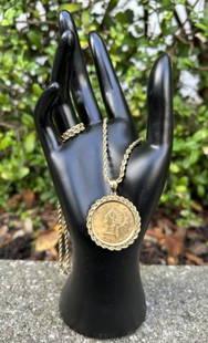 1901 Liberty Head Eagle $10 Gold Coin with 14K Gold Twisted Rope Necklace: 1901 Liberty Head Eagle $10 Gold Coin with 14K Gold Twisted Rope Necklace. Gold Liberty Head 1901 coin surround by matching twisted 14k gold chain. The weight of coin piece is 20 grams. The 14k Gold