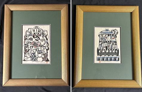 Pair of Signed 1973 Wood Block Prints by Sadao Wantanabe: Pair of Signed 1973 Japanese Wood Block Prints by Sadao Wantanabe. These are a pair of signed in pencil by Japanese Christian Artist, Sadao Wantanabe and dated 1973. Framed one is titled "The Last Sup