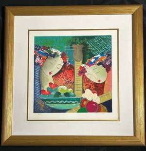 Artist Lee White "Secrets II" Signed and Numbered Framed Serigraph 141/350: Artist Lee White "Secrets II" Signed and Numbered Framed Serigraph. This bright and whimsical art is of 2 woman, bowl of colorful fruit and musical instruments. The art is signed in the bottom right c