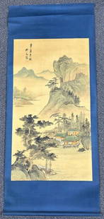 Chinese Ink and Color on Silk Landscape Scroll Purchased in Kowloon, Hong Kong: Chinese Ink and Color on Silk Landscape Scroll Purchased in Kowloon, Hong Kong. We cannot determine if this is circa 1911 or 1971. It is a beautiful landscape art depicting the mountains, trees and