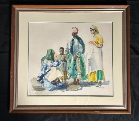 Figural Watercolor Painting by French Painter Paul Baze (1901-1985): Figural Watercolor Painting by French Painter Paul Baze (1901-1985). This art titled " Maroe, Au Marche du Mrirt" / ("Morocco: At the Mrirt Market"). The painting depicts 3 female figures and a child 