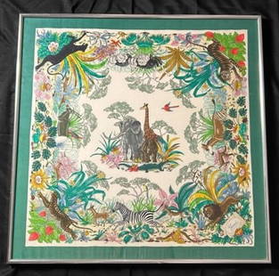 Vintage GUCCI Framed Silk Scarf with Jungle Print: Vintage GUCCI Framed Silk Scarf with Jungle Print. This is a vintage iconic Gucci scarf in bright colors with jungle print and animals throughout. Gucci logo in the bottom right of the piece, some