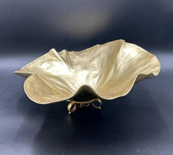 1948 Oskar J. W. Hansen Large Lotus Leaf Bowl with Stand: 1948 Oskar J. W. Hansen Large Lotus Leaf Bowl with Stand. Large brass/gold color aluminum metal free form lotus leaf shaped bowl on stand. A very dramatic piece, sculptural on its own.Oskar J.W. Hanse