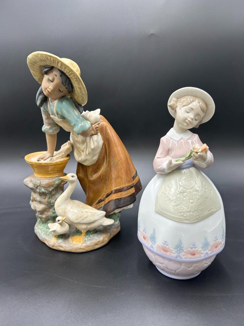 Estate Lot of 2 Lladros in Orginal Boxes "Laundry Day" & "Treasures of the Heart": Estate Lot of 2 Lladros in Original Boxes "Laundry Day" & "Treasures of the Heart". 1). Laundry Day #12216, girl wearing a hat looking at her ducks while washing clothes in a bowl. No damage to the pi
