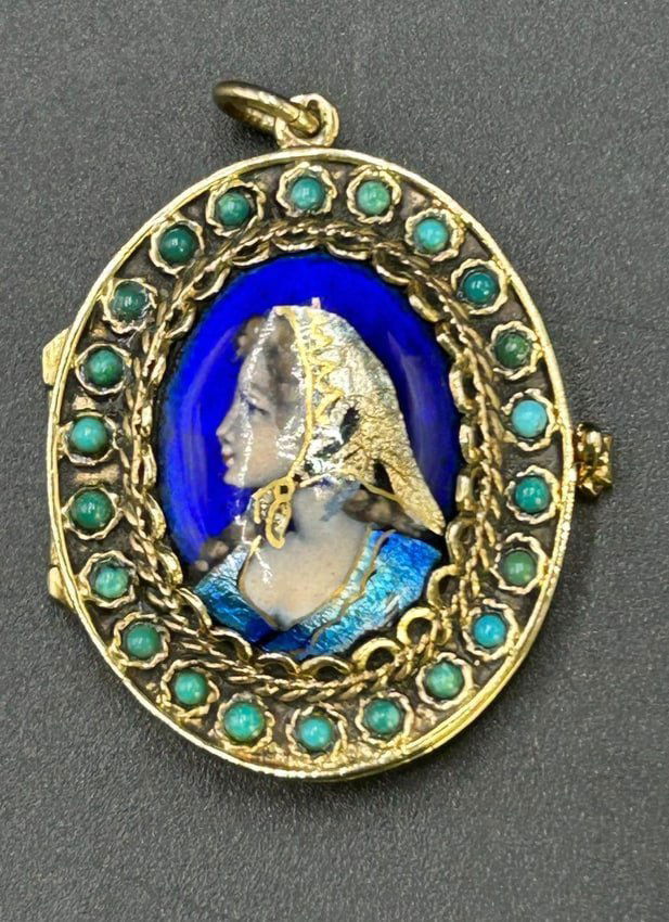 Vintage French 14k Gold Portrait Pendant Locket with Turquoise and Enamel (1 of 15)
