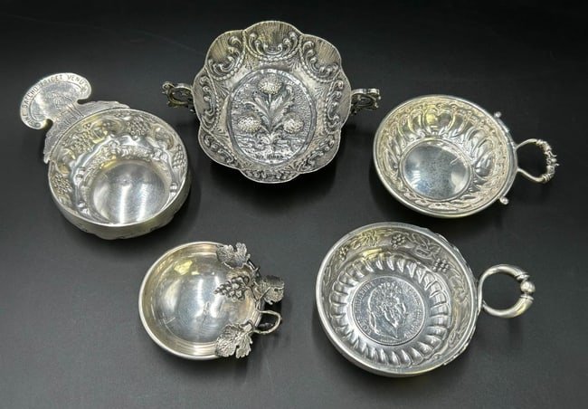 5 Antique Silver Tastevin French Wine Tasting Sipping Cup Bowls: 5 Antique Silver Tastevin Wine Tasting Cups. A Tastevin is a small, very shallow silver cup or saucer traditionally used by winemakers and sommeliers when judging the maturity, quality and taste of a 