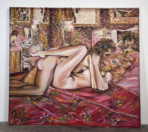 1962 Mid Century Erotica Oil on Canvas "Reflection" by P. Wahl (1 of 12)