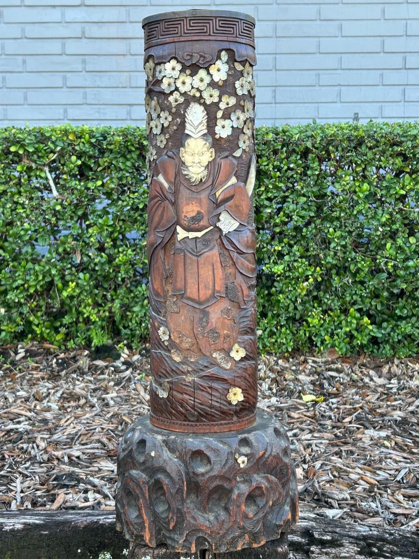 Meiji Japanese Carved and Inlaid Shibayama Bamboo Cane / Umbrella Holder: Vintage Meiji Japanese Carved and Inlaid Shibayama Bamboo Cane / Umbrella Holder. This is carved bamboo stick which is inlaid and depicts a Samurai Warrior, along with mother of pearl flowers. The act
