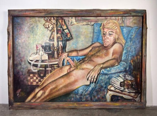 1969 Mid Century Nude Erotica Art "Satyr" by P. Wahl: 1969 Mid Century Nude Erotica Art "Satyr" by P. Wahl. Patricia (Wahl) Brunell 1934-2010, a Florida artist known for her large scale erotica original artwork. This erotic art is of a man sitting in a b