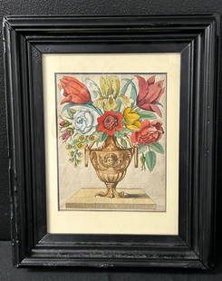 Vintage Hand Colored Etching Flowers in Vase from Christies Auction House: Vintage Hand Colored Etching Flowers in Vase. This a beautiful framed etching of colorful flowers in a gothic style vase with claw feet at the case and a cherub face on the front of the vase. No