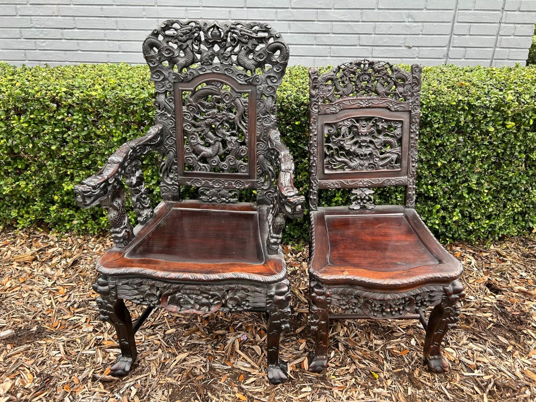2 Antique Chinese Carved Rosewood Throne Armchair & Matching Side Chair (1 of 20)