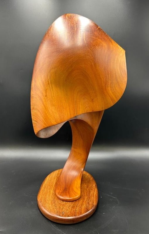 Signed Free Form Carved Wood Art Sculpture Lamp: Signed Free Form Carved Wood Art Sculpture Lamp. Surrealist style, curved and almost a mushroom shaped piece on an oval wood base. It is signed with initials on the bottom and under the top of the pie