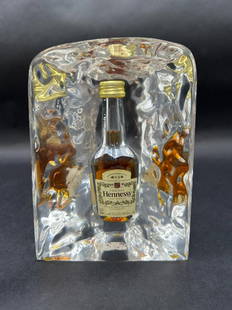 Rare Walt Disney Hennessy Cognac Lucite Encased Bottle: Rare Walt Disney Hennessy Cognac Lucite Encased Miniature Bottle. This is a hard to find design inspired by Frank Gehry miniature liquor bottle incased in a Lucite ice like sculpture is believe to be