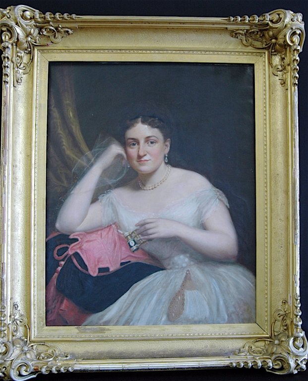 Matthew Wilson (American 1814-1892) Oil on Canvas: Matthew Wilson (American 1814-1892), oil on canvas portrait of Lottie Kellogg c. 1867, signed in LR and dated, paper label on verso identifies subject, in large ornate gold frame with some gesso loss,