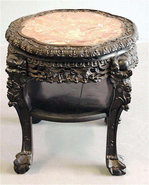 Chinese Carved Tea Table: Chinese highly carved tea table, 2 tiers with marble inset, c 1850. 22.5 x 21. very good condition with normal wear to top.