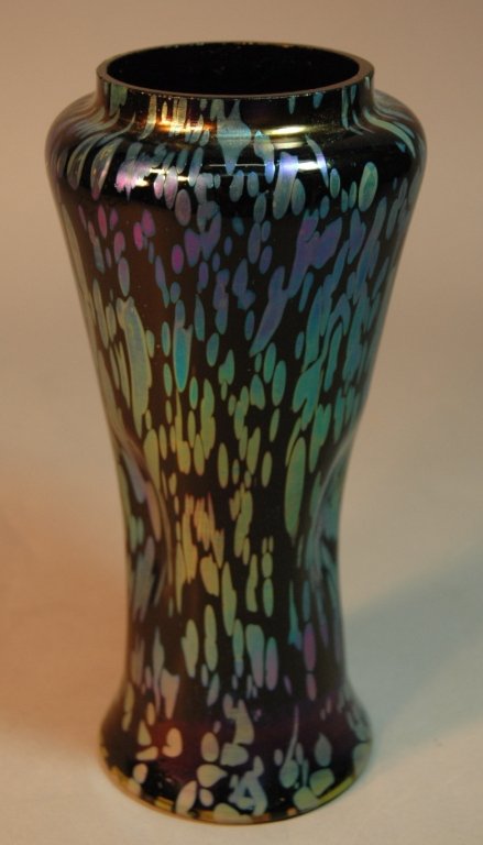 Austrian Art Glass "Oil Spot" Vase: Austrian art glass blue "Oil Spot" vase in the style of Kralik or Loetz, classic form with ground top and dimpled waist, very colorful, 8.5", mint condition.