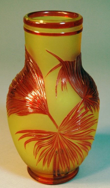 Cameo Glass Vase (Attr. to Thomas Webb): Cameo glass vase, 6.5" tall, with palm fronds and butterfly, bright red fronds on gold frosted background, attributed to Thomas Webb, mint.