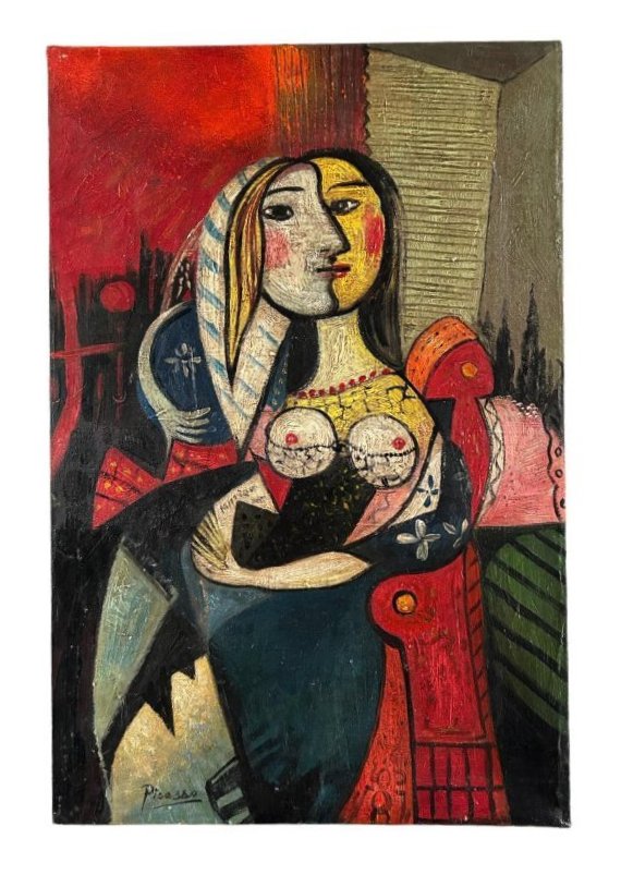 Oil on Canvas Portrait of a Lady Signed (Picasso) Not Painted by Pablo Picasso: Oil on Canvas Portrait of a Lady Signed (Picasso). The painting was not painted by Pablo Picasso. The style of Portrait of a Woman is similar to that of Picasso. Signed on the lower left corner and ba