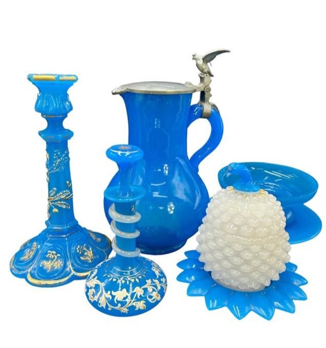 Estate Lot 7 pcs Lapis Blue and White Opaline Glassware - Baccarat (1 of 19)