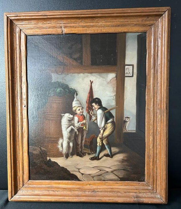 Antique 19th Century Oil on Board German Painting 2 Boys with a Dog (1 of 20)