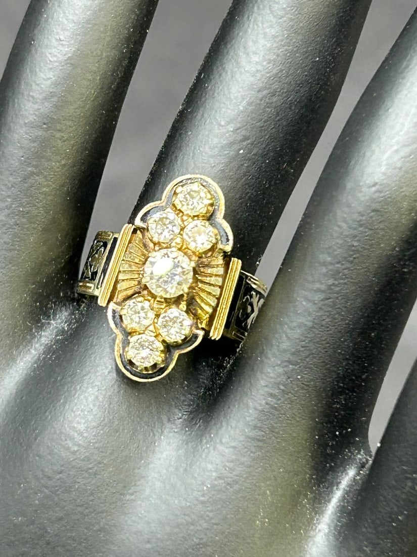 Art Deco Style 14k Yellow Gold and Diamond Ring with Enamel Work & Appraisal (1 of 10)