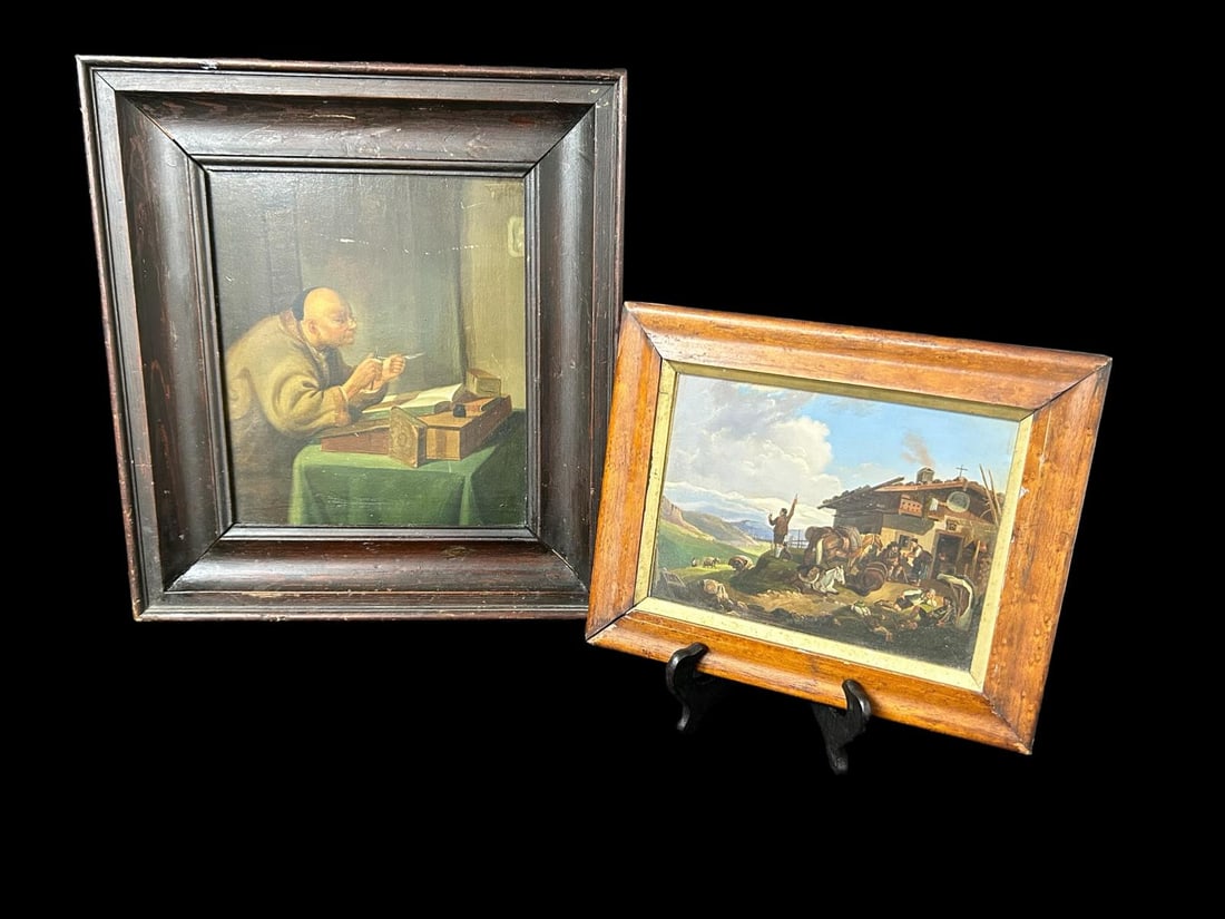 Estate Lot of 2 Antique Oil on Board Paintings: Estate Lot of 2 Antique Oil on Board Paintings . (1) Extremely detailed oil painting outside of a mountain tavern with men (resting) working and a woman serving a drink. It measures H 9" x 11 1/8", co