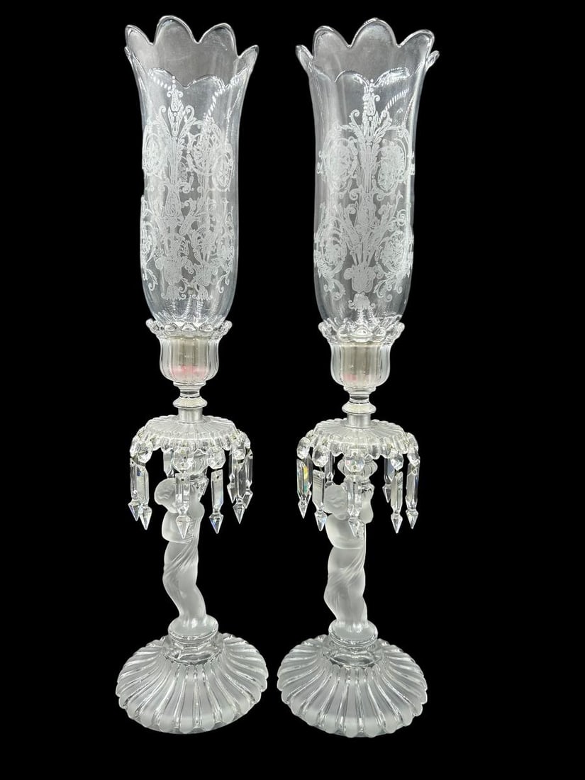 Large Pair of Baccarat Figural Candlesticks with Crystals & Hurricane Shades (1 of 16)