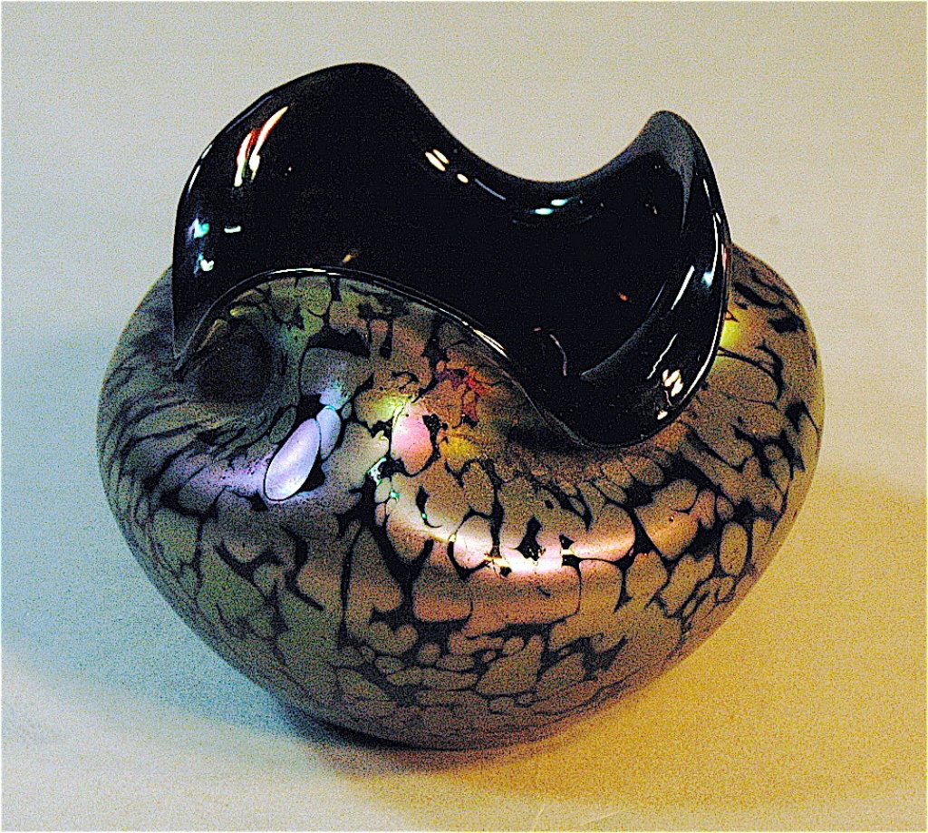 Loetz or Kralik, Oil Spot Cabinet Vase: Loetz or Kralik, oil spot amethyst vase with good iridescent "spots", 3 x 5, fine condition.