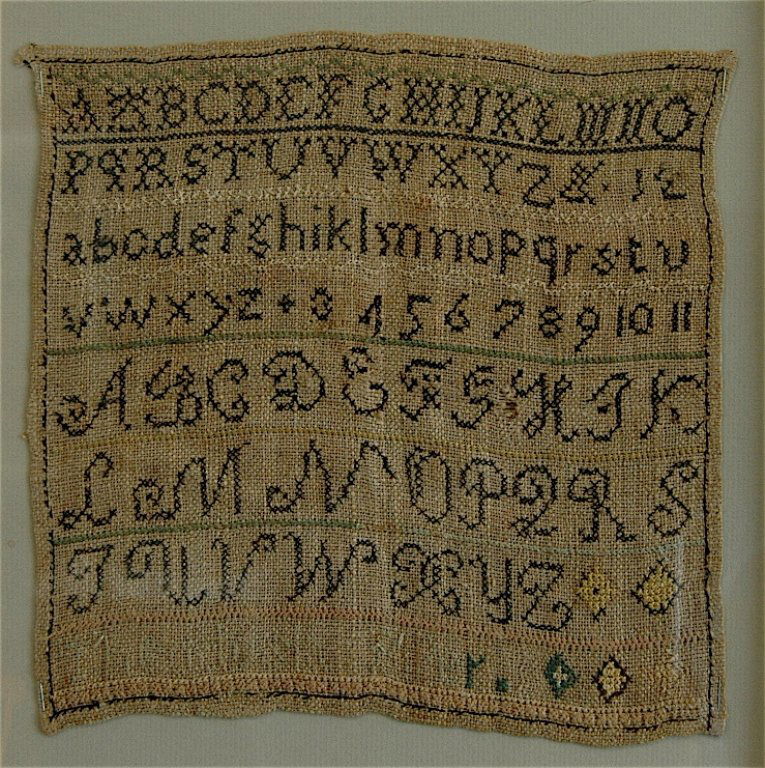 Early American Needlework Sampler: Early American needlework sampler, featuring ABCs and numbers, signed but signature faded and unreadable, otherwise good condition, size 10 x 10,