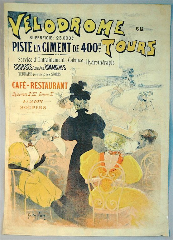 2 Early French Bicycle Advertising Posters: 2 early French bicycle advertising posters: Gaston Noury "Velodrome de Tours", fair condition. Poster has been laid down on fine linen for conservation. Some creases and color loss over the years, 34.