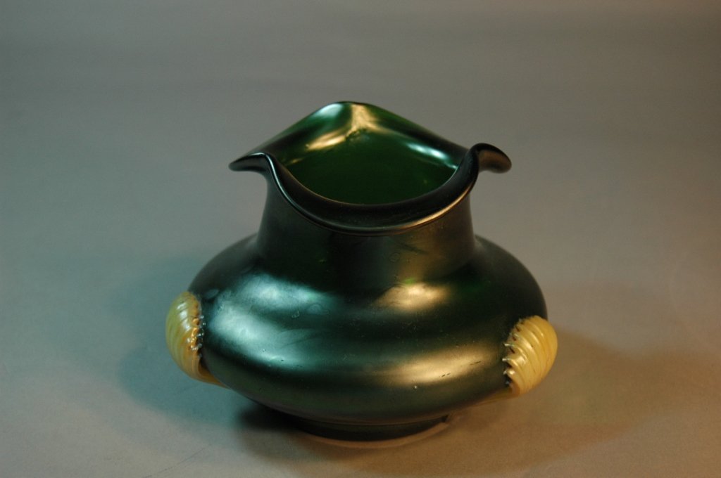 Loetz Green Iridescent with Applied Shells: Loetz green iridescent vase with applied contrasting ribbed shells, unsigned, 3h, 6.5w, good condition.