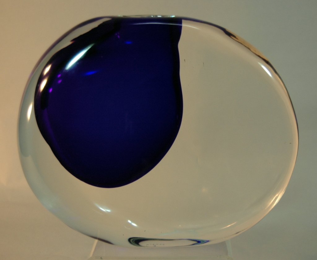 Antonio Da Ros "Momento" Vase: Antonio Da Ros "Momento" vase, gorgeous cobalt "well" encased in clear glass, etched on bottom "Cenedese", 11w, 8.5h, 2d. Mint.