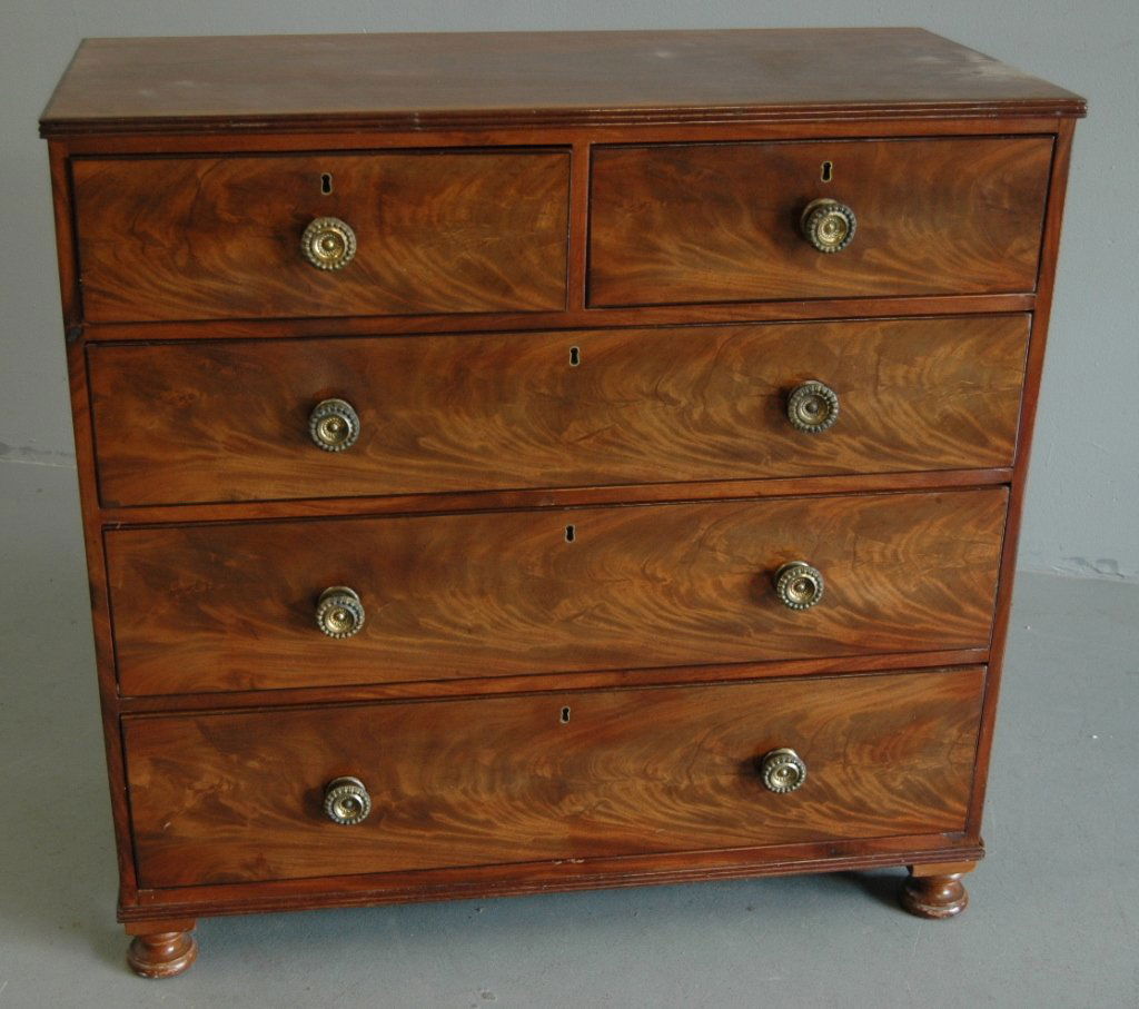 English Mahogany Chest: English mahogany chest with bun feet, 2 over 3 drawer, original single stamped brass pulls, matched veneer grain drawer fronts, 41.5w, 42h, 20d, good condition.
