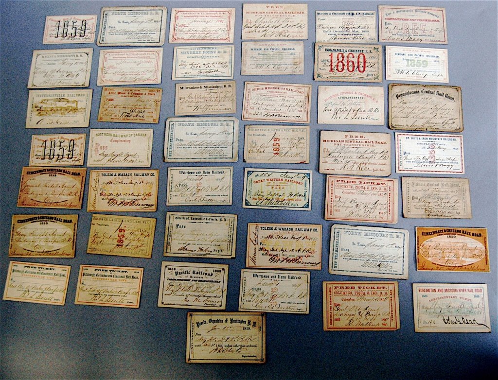Collection of Early American Railroad Passes 43: Collection of early American railroad passes, some are designated, some are for ticket agents, others for stray or lost baggage representatives, from estate.