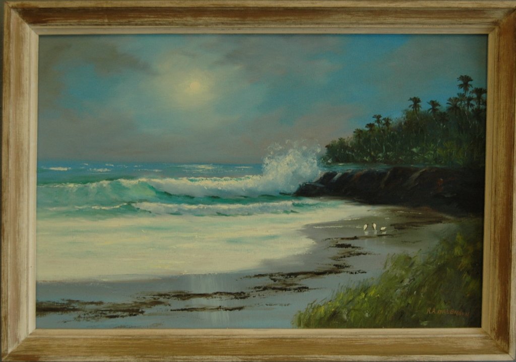 Roy McLendon, Florida Highwaymen Painting: Roy McLendon, Highwaymen painting, oil on upson board, 40 x 27.5, small bay scene with crashing surf, distant palms, very good original condition, c 1968.