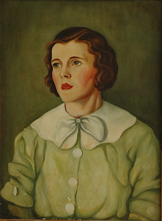 Portrait of Young Lady in Green Dress WPA: Oil on canvas portrait of young lady in green dress, c 1930, WPA style, no visible artist signature but well executed, some tiny spots of flaking but overall good condition.