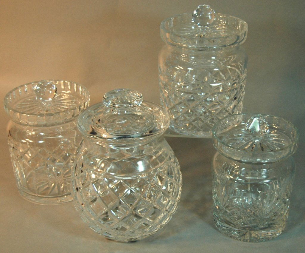 Group of 4 Waterford Biscuit Jars: Group of 4 Waterford biscuit jars, largest 8", all mint and signed.
