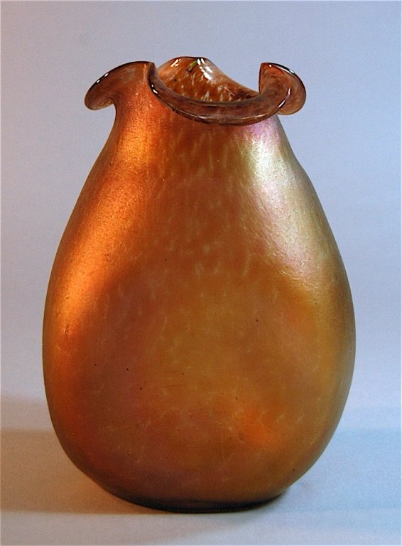 Loetz Amber Art Glass Vase: Loetz amber art glass vase, pinched 3 sided with tri-fold rim, iridescent finish, 7.75" h, polished pontail, mint.