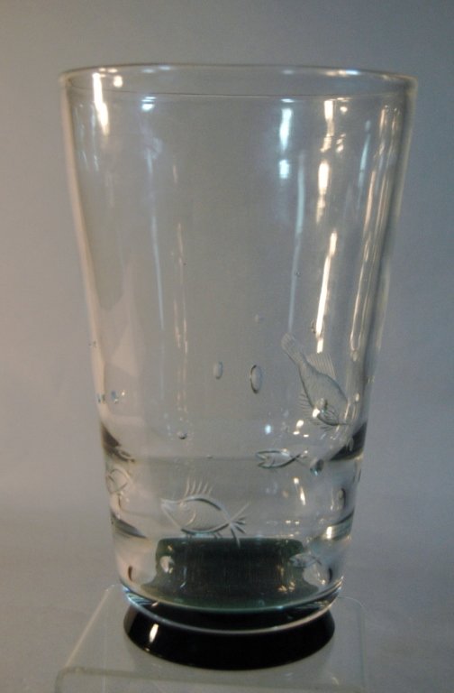 Orrefors Fish and Bubbles Vase: Orrefors etched fish vase with bubbles inside glass representing fish bubbles, slightly smoky glass with green footed base, "OF HE 199" etched on bottom, mint, 10".