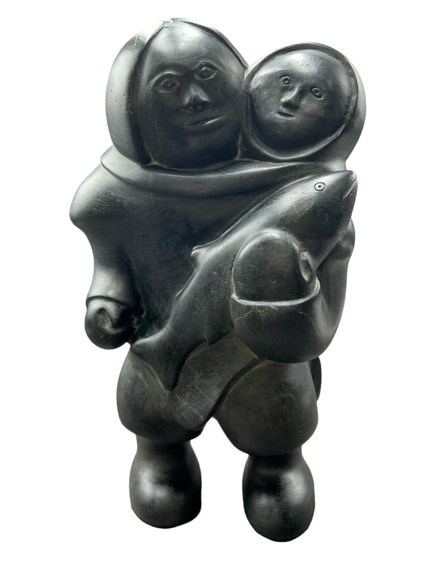 Vintage Inuit Eskimo 12.5" Soapstone Sculpture "Man, Child & Fish" Signed (1 of 16)