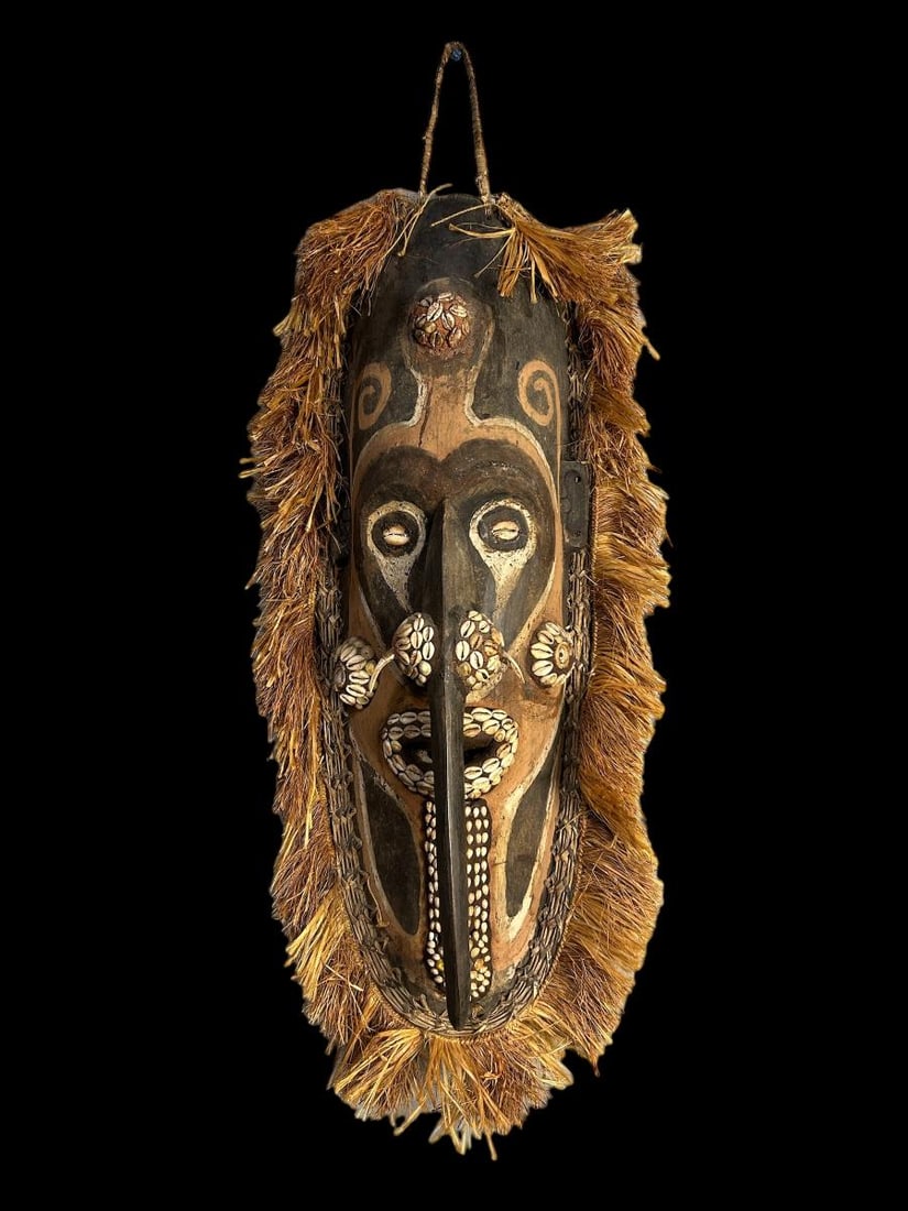 Large Cultural Island Tribal Wood Mask with Shells and Fiber: Large Cultural Island Tribal Wood Mask with Shells and Fiber. This mask, possibly New Guinea is made of wood and depicts a painted face with long thin pointed nose with shells and bone fangs, shell ey