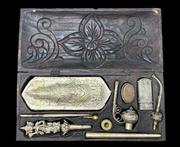 Burmese Buddhist Hand Carved Wood Bronze & Copper 10Pc Tattoo Needle Kit (1 of 17)