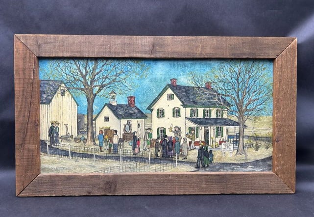 1972 Dolores Hackenberger Amish Folk Art Oil on Canvas "Country Auction" Painting (1 of 15)
