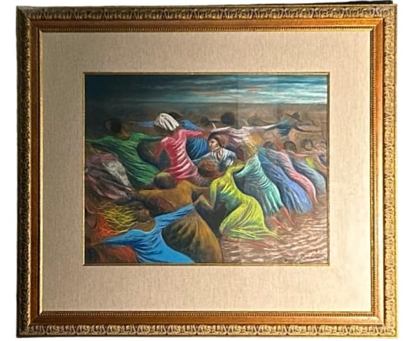 Noel Rockmore (American/New Orleans, 1928-1995) Expressionist Style Pastel Painting 1984: Noel Rockmore (American/New Orleans, 1928-1995) Expressionist Style Pastel Painting 1984. This artwork by Noel Rockmore depicts a flock of woman running towards something in the same direction while c