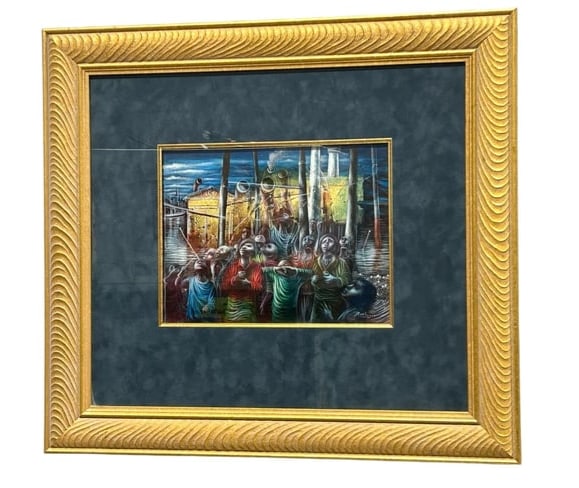 Noel Rockmore (American/New Orleans, 1928-1995) People by the Pier 1975: Noel Rockmore (American/New Orleans, 1928-1995) People by the Pier 1975. The colorful piece by Rockmore depicts his characteristic people standing on a boat dock by the water. It is signed in the bott