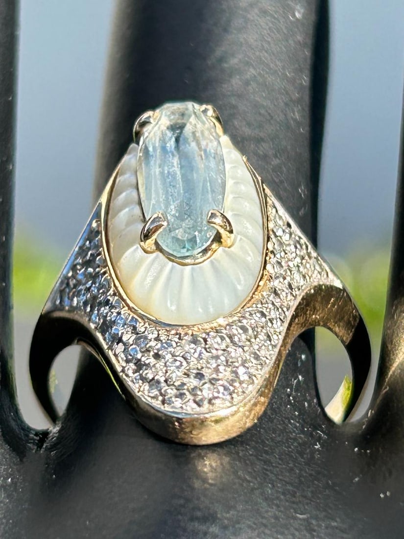 14k Gold Signed Erte' Aloquette Topaz MOP & Pave Diamond Ring (1 of 10)