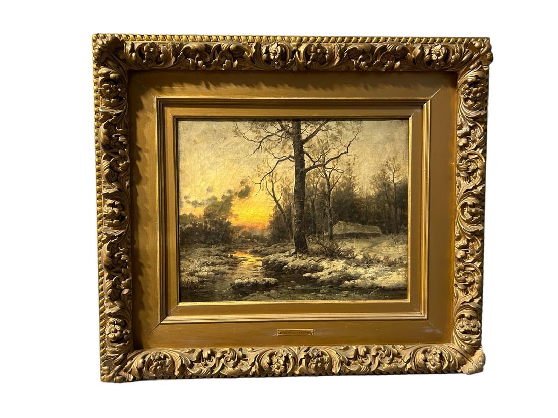 Oil painting on canvas depicting a winter landscape by B. Kreutzer from the 19th century.: 19th Century Oil on Canvas. A winter landscape featuring a cottage by German artist B. Kreutzer. The oil painting is held by a wooden frame with gilded edges. The frame's dimensions are 29" tall x 33"