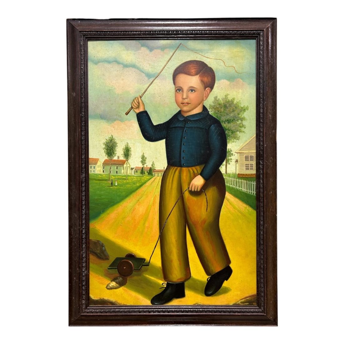 Early American Folk Art Character Oil on Canvas Portrait of Little Boy: Early American Folk Art Character Oil on Canvas Portrait of Little Boy. This painting depicts a classical period American Style image of a boy waving a banner, pulling a wooden toy on the town square 