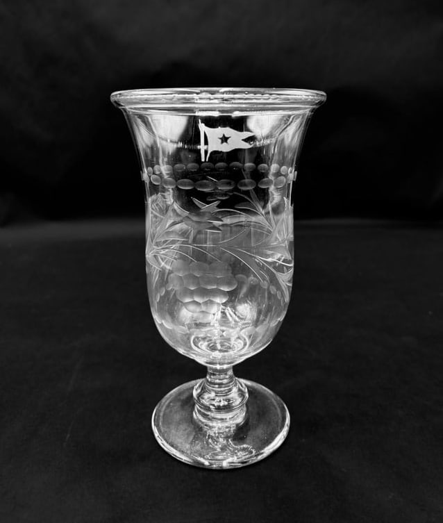 Original Antique White Star Line Celery Vase Etched & Handblown: Original Antique White Star Line Celery Vase Etched & Handblown This a pristine celery vase with the single etched flag/star ship emblem. The body is etched with grape and vine depiction. It is made f