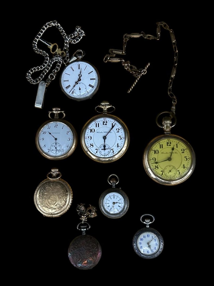 Estate Lot of 8 Vintage Pocket Watches Hamilton Watch Co, Elgin (1 of 19)